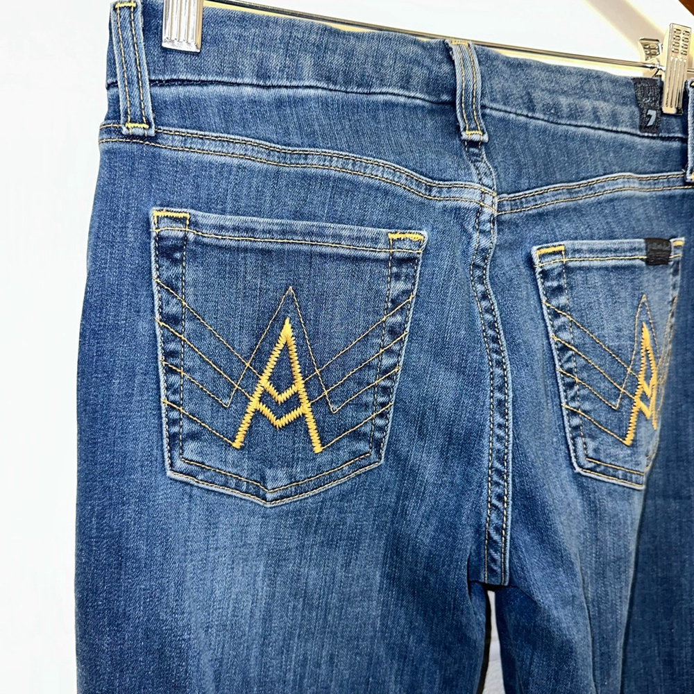 Women's 7 For All Mankind Blue Gold Stitch A Pocket Flare Jeans Size 26 - Picture 10 of 16